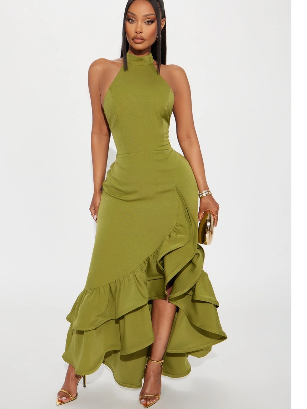 Olive Green Halter Neck Ruffle Hem Dress